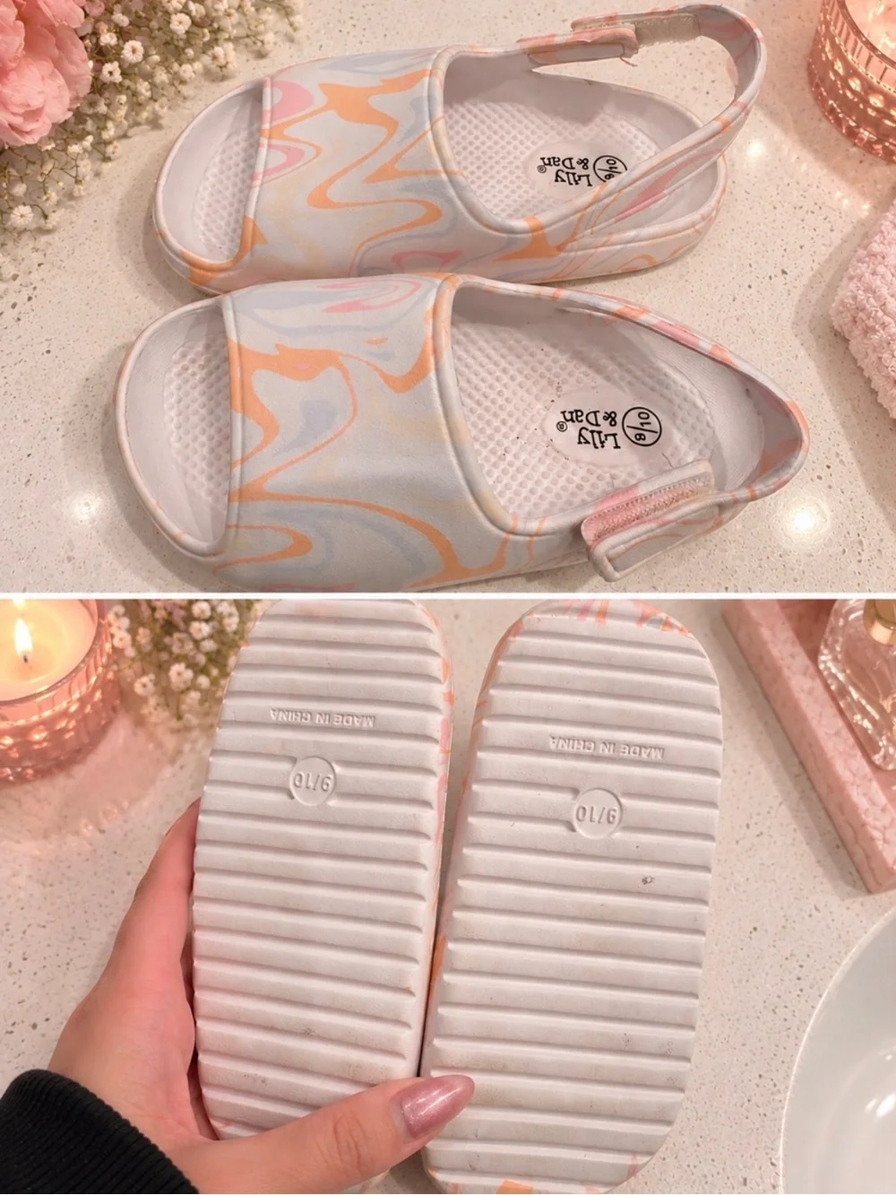 Kids Marble-Print Slide Sandals in Pastel Peach & Pink